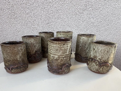 Vtg Studio Art Pottery Bohemian Cups Mugs Browns Set 7 Signed