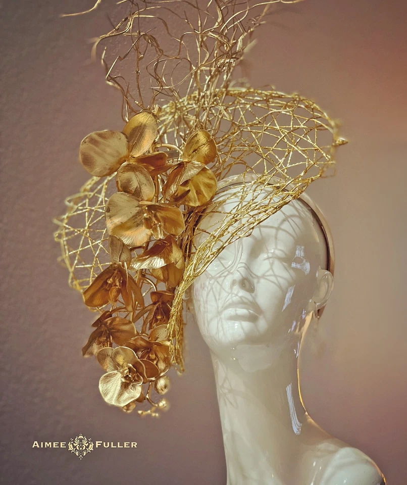 Kentucky Derby Hat Big Royal Ascot Fascinator Gold Floral Orchids Lady Gaga Hat - Image 4 of 4