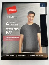 NEW HANES ULTIMATE 4 TAGLESS T-SHIRTS COMFORT FIT COTTON STRETCH SZ L BLACK 3720