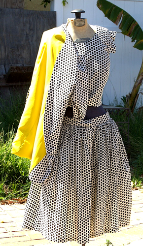 Women's Vintage MSK 3 Piece Skirt Suit White Black Polka Dot 28 Pockets Yellow - Picture 2 of 15