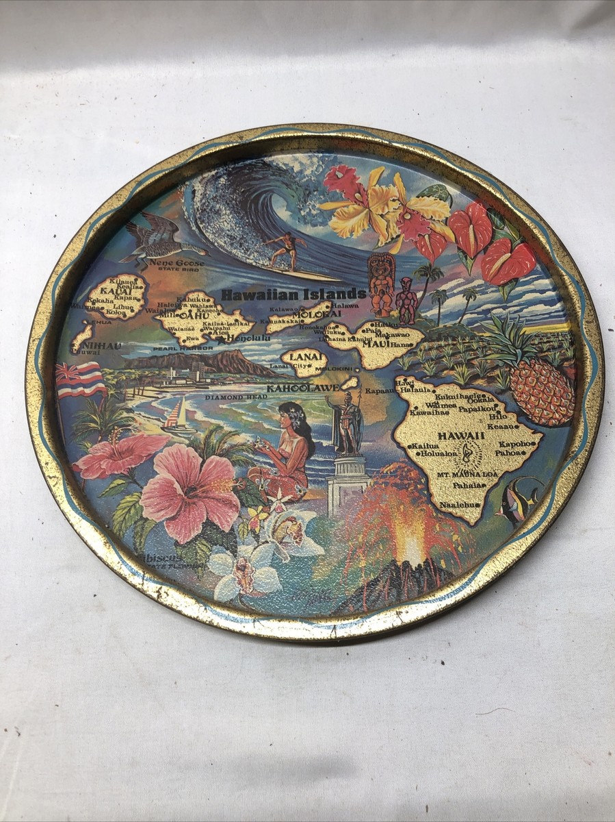 Vintage Hawaii Souvenir Colorful Metal Tray by Ken Idaag 11