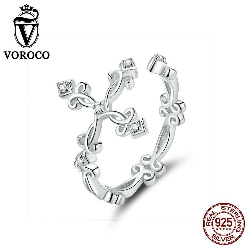 VOROCO 925 Sterling Silver Open Rings CZ The Cross Engagement Rings For Girls