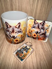 Wolf mug gift set Wolf mug, Wolf coaster, Wolf keyring