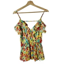 Lily White Yellow Floral Wrap Front Cold Shoulder Short Sleeve Top S
