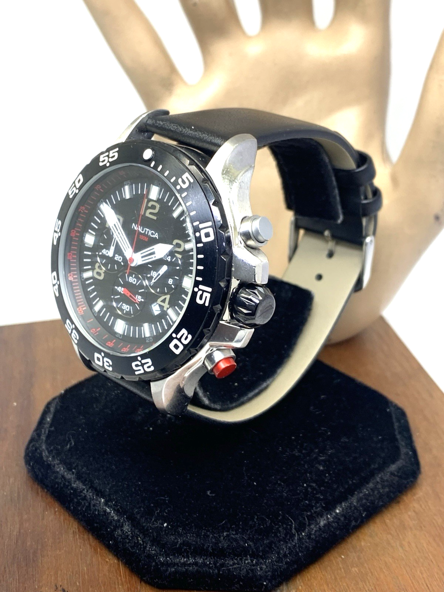 Nautica Men's Watch N17526 Quartz Chronograph Black Dial Leather