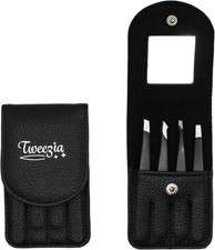 TWEEZIA Stainless Steel Tweezer Set - 4 Precision Tweezers with Mirror  Leather