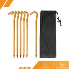 6Pack Tent Stakes Aluminum with Hook Kit 18.3cm/7.2" Ground Peg Storage Bag Gold