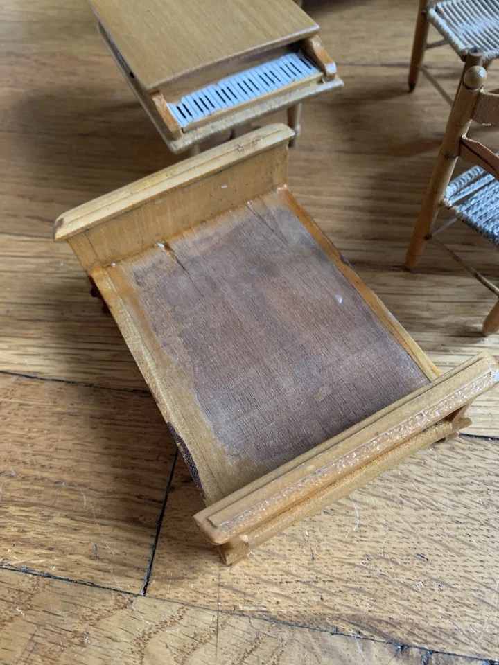 Vintage Dollhouse Miniature Furniture Wood Desk Piano Bed Table (Lot of 9) - Image 3 of 4
