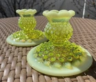 Vintage Fenton Topaz Vaseline Opalescent Hobnail Candle Holders. No Damage.