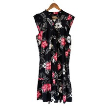 Vtg Hilo Hatties Muumuu Dress Womens L Black Pink Floral Ruffle Tiered Hawaii