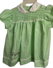 Vintage Green Smocked Baby Dress With White Peter Pan Collar  Adorable Embroide