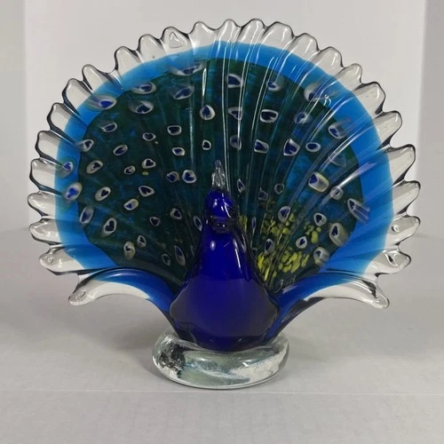 Vintage MCM Murano Style Hand Blown Peacock Figurine Decorative Glass Art