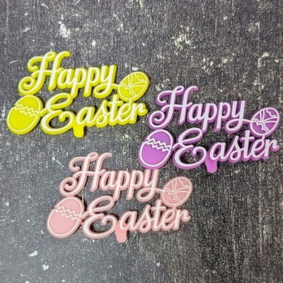 3 Pc Happy Easter Cake Plaques / Picks, Pink Yellow Purple Eggs Cursive