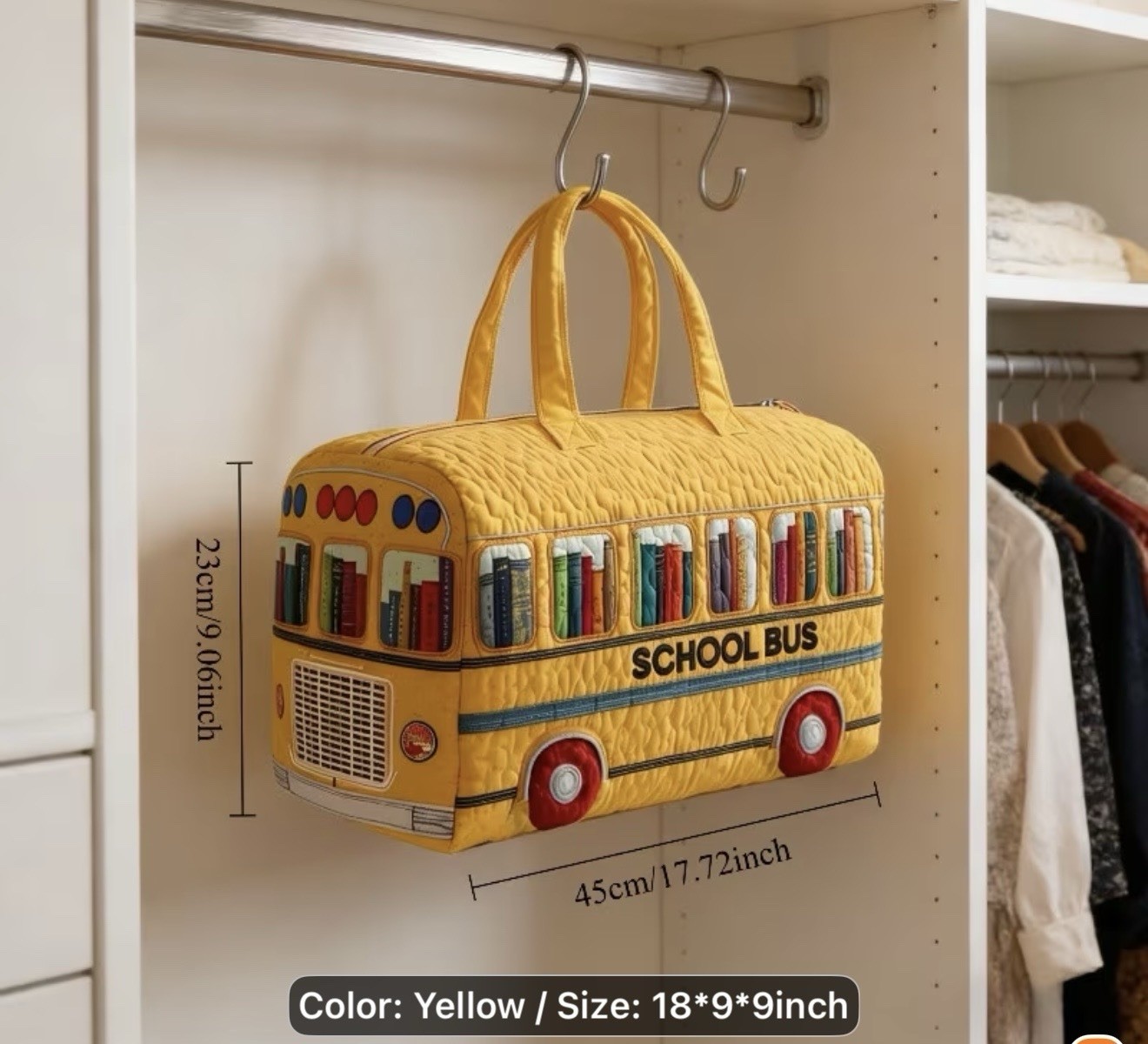 Yellow School Bus Duffle Bag Medium Quilted Fabric Zip Closu