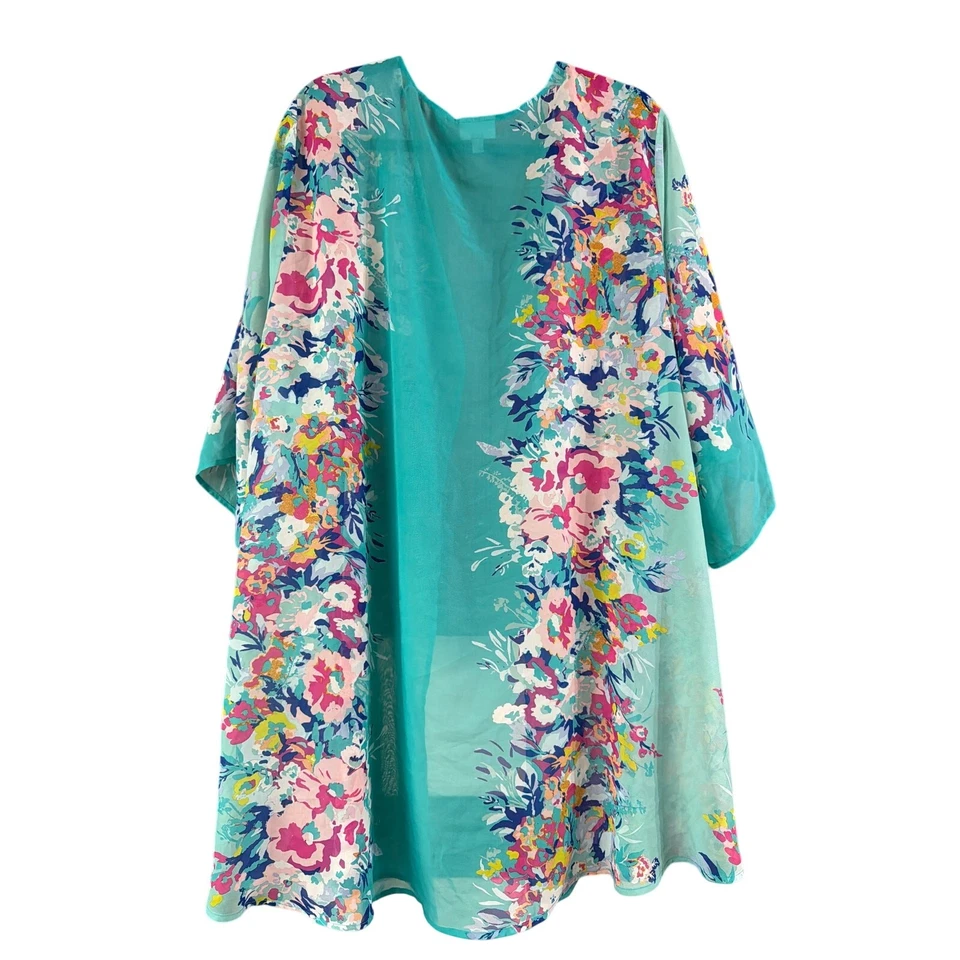 Kimono Avenue para mujer talla grande azul blanco rosa floral frente abierto talla 26/28 4X Foto 2 de 4