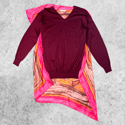 CÉLINE Sweater Silk Foulard Scarf Panel Burgundy Wool Pink Luxury Designer