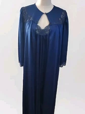Vintage Shadowline Blue Nylon Lace Slip Peignoi Nightgown and Robe Set Small USA