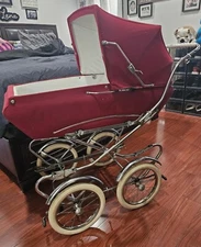 Vintage Antique Italian Italy Perego Baby Carriage Stroller Carrier Red Velvet