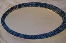 World Market "Patra" White w/Navy Blue Trim 14" Oval Fruit, Snack Salad Platter