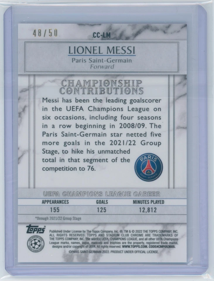 2021-22 Lionel Messi Topps Stadium Club Chrome Gold Refractor PSG Card 48/50 - Image 2 of 3