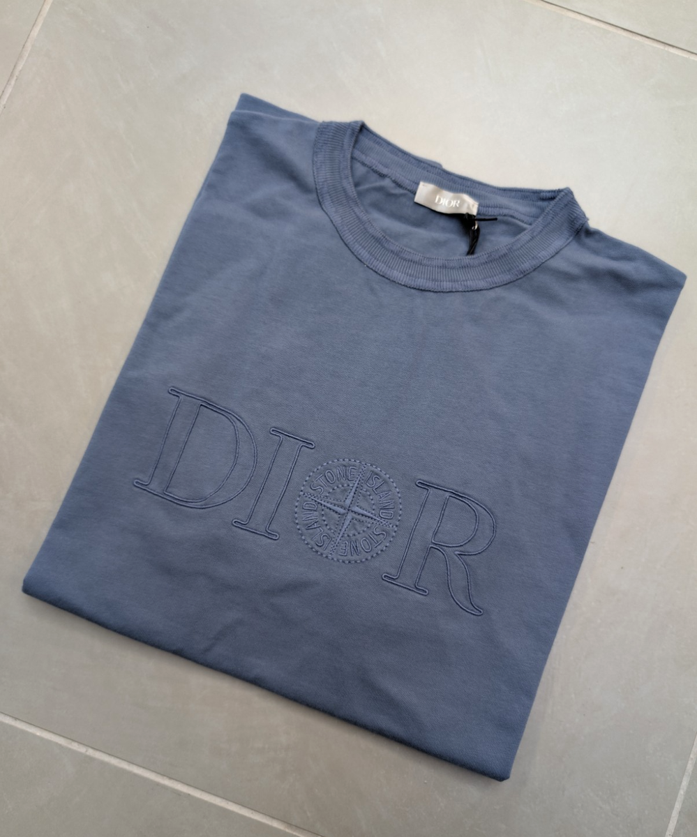 Dior x Stone Island Embroidered Logo Garment Dyed Blue T Shirt Size L