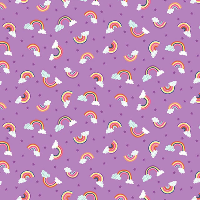 MAKOWER Fat Quarter Rainbow Daydream Regenbogen auf lila 100% Baumwolle Steppstoff