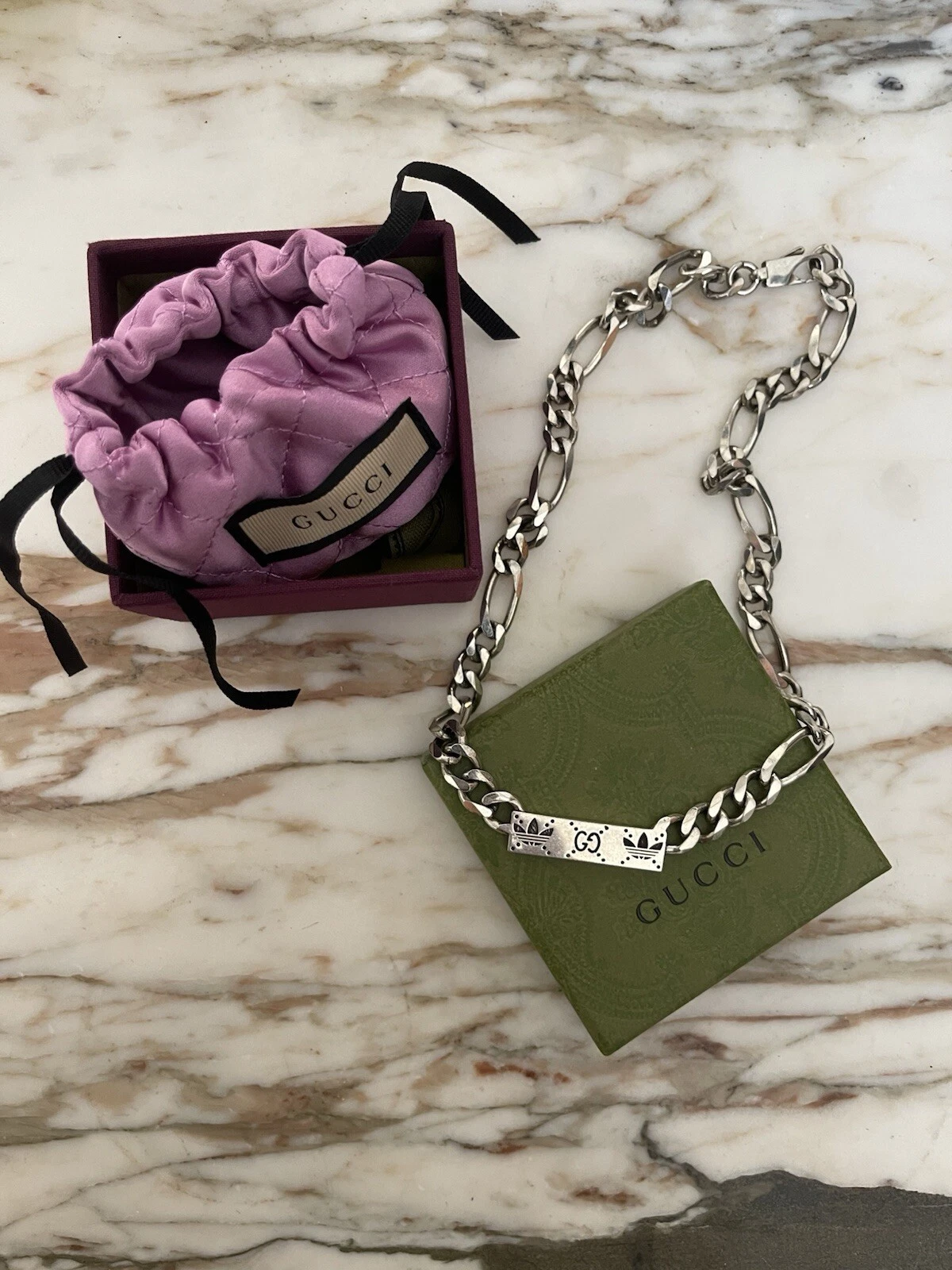 Collana Gucci nuova con scatola catena a maglie argento sterling 925 uomo x adidas colab