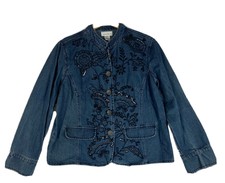 Hannah Womens M Denim Jean Jacket Floral Embellished Mock Neck
