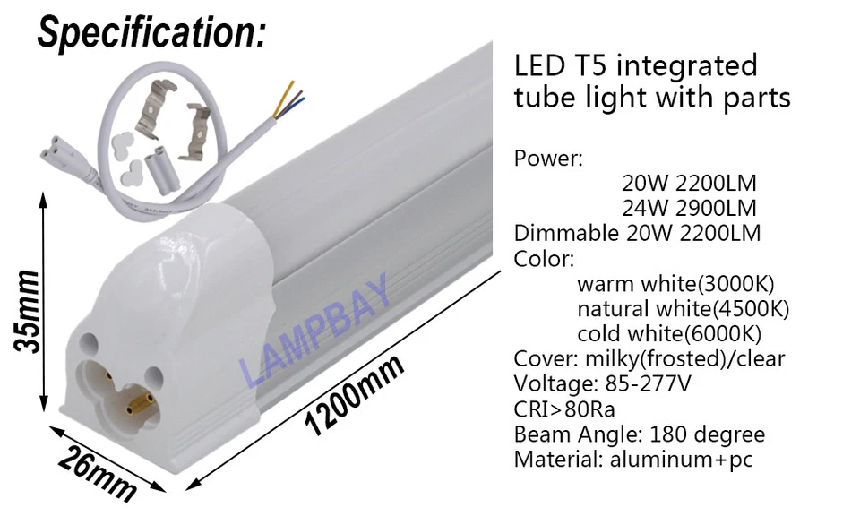 Dimmable T5 integrated LED Tube Light 4ft 1.2m 24W  Bulb Slim Bar Lamp 110V 220V - Image 2 of 4