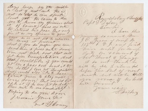 CIVIL WAR LETTER - 113th Ohio Vols - Surgeon Reports, Sick, Wounded Soldiers Etc