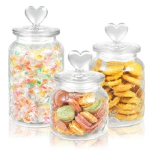 Rainmae 3 Pcs Heart-Shaped Cookie & Candy Jars, Food Storage Glass Canisters