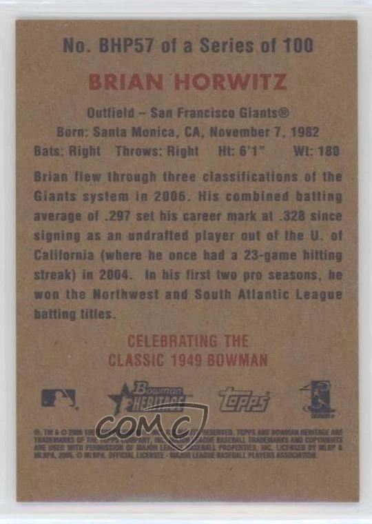 2006 Bowman Heritage Prospects Brian Horwitz #BHP57 - Image 2 of 2