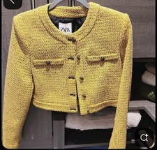 Zara Womens S Mustard Yellow Tweed Cropped Bl...