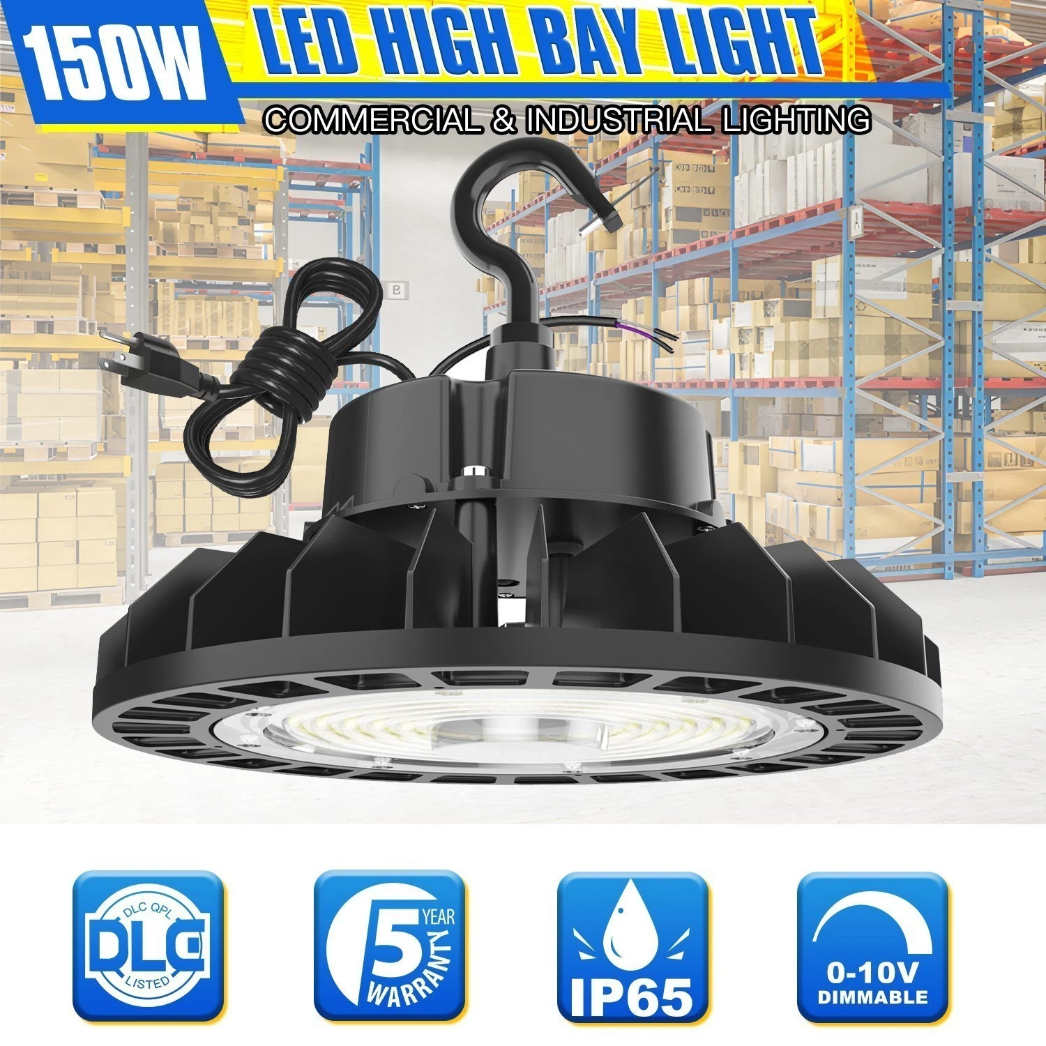 150W LED UFO High Bay Light - Dimmable 5000K Industrial Warehouse Shop Fixture