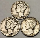 1944 P D S Mercury Dimes, (3) Coin Lot, 90% Silver Coins, Great 4 Albums M-44AB2