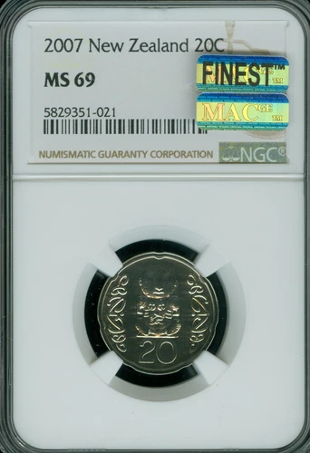 2007 NEW ZEALAND 20 CENTS NGC MS69 MAC FINEST GRADE SPOTLESS 3,500 MINTED