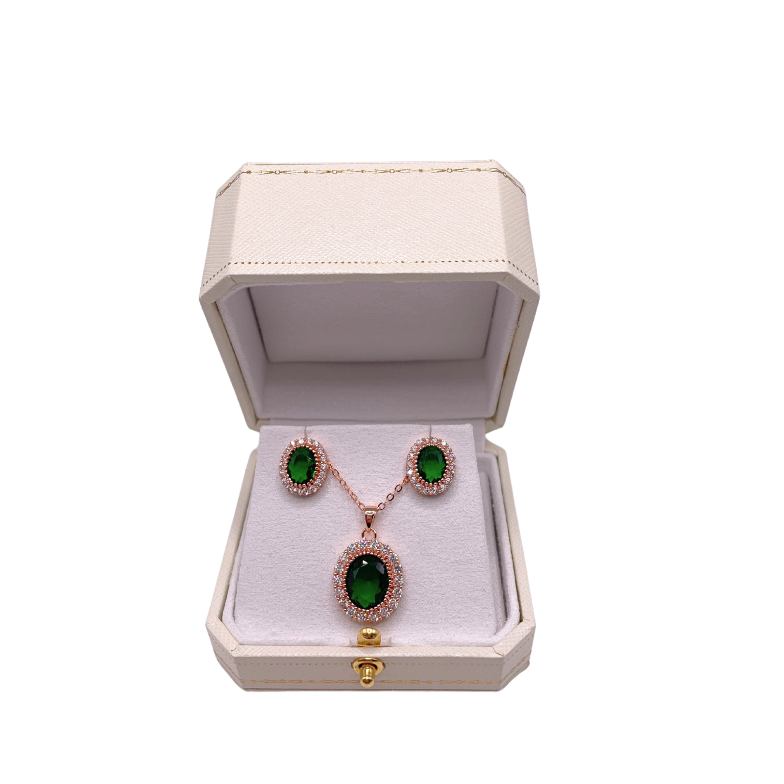 Rose Gold Finish  Oval Cut Green Emerald And Created Diamond Set