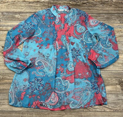 Susan Graver Tunic Blouse Women's Large Turquoise Blue Paisley Smocked Boho Chic