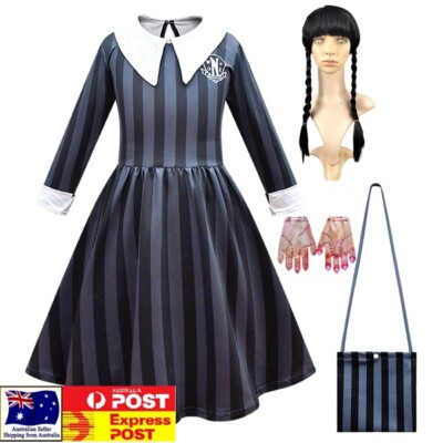 Girls Wednesday Addams Family Party Stripes Dress Wig Gloves