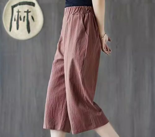 Straight Leg Wide Capri Pants Breathable Women Cotton Linen Blend Trousers New - Picture 27 of 28