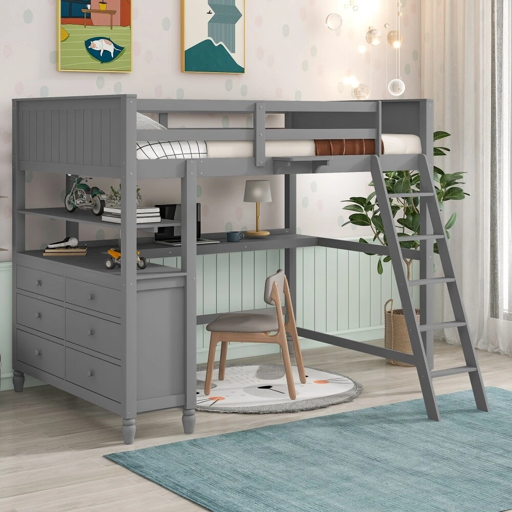 Full size Loft Bed with 6 Drawers and Desk Wooden Bed Frame For