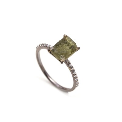 Meteorite Moldavite Octagon Ring 925 Sterling Silver Black Oxidized Jewelry