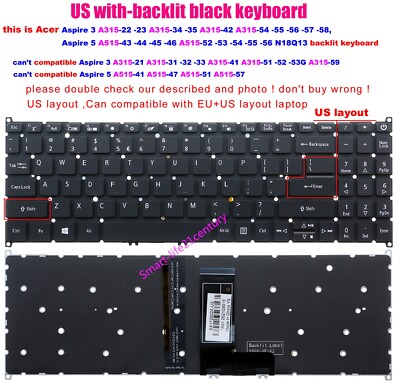 US backlit Keyboard For Acer A315-57 N18Q13 N19C1 N19H1 N18Q13 N18C1 N17P4 N17P6