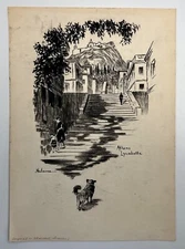 Vintage Original Charcoal Drawing Athens Lycabette by Natassa 9.5" x 13.5"