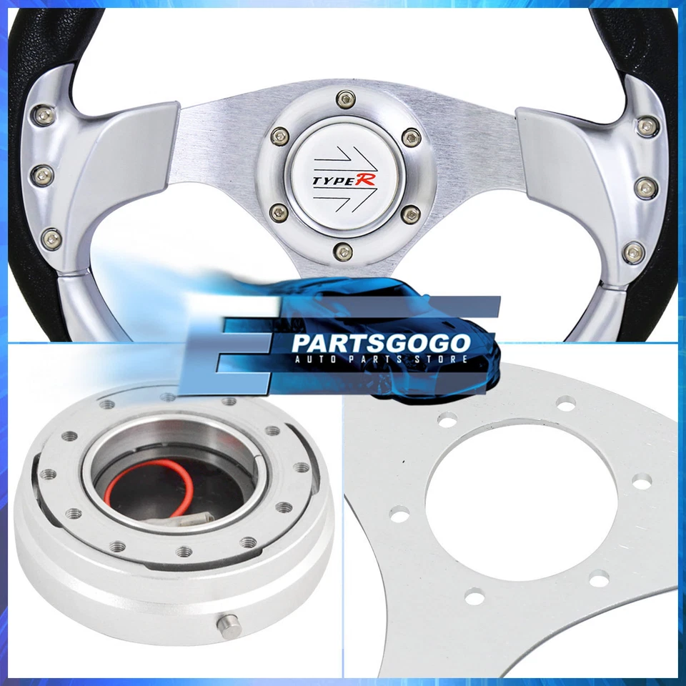 Silver Fusion Style Steering Wheel + Silver Slim Quick Release + Type-R Button Foto 4 de 4