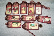 10-Christmas-Old World-Primitive-Farmhouse-Handmade-Linen Cardstock-Gift Tags