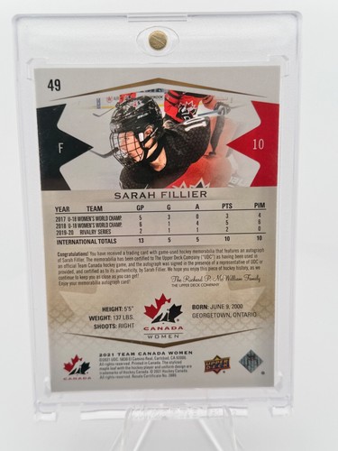 2021 Upper Deck Team Canada - Sarah Fillier - Premium Auto Patch /199 - Picture 2 of 2
