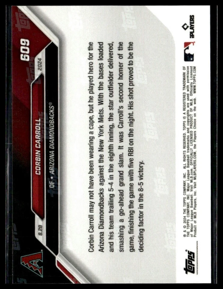 2024 Topps Now 609 Corbin Carroll Arizona Diamondbacks Grand Slam HR Blue 27/49 - Image 2 of 2