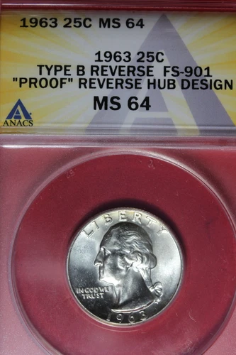 1963 ANACS MS64 PROOF REVERSE HUB DESIGN WASHINGTON QUARTER #B48346
