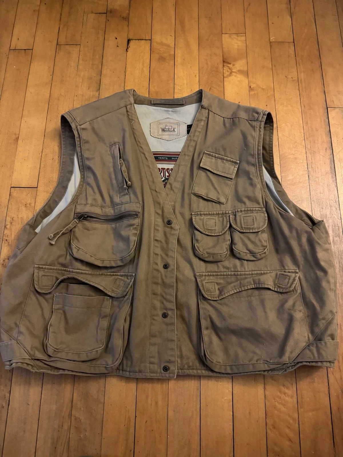 VTG Woolrich Vest Mens Large Fishing Utility Tactical Travel Cargo Tan Pockets